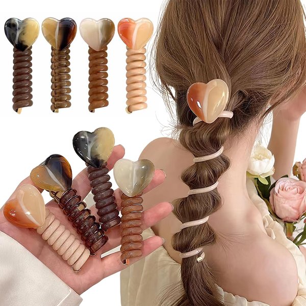 4Pcs Heart Elastic Telephone Wire Colorful Hair Bands Ponytail Braids Fixed Hair Rope Bundle Scrunchies Telephone Wire Hair Accessories for Women Girls Wedding Birthday Daily Party Supplies