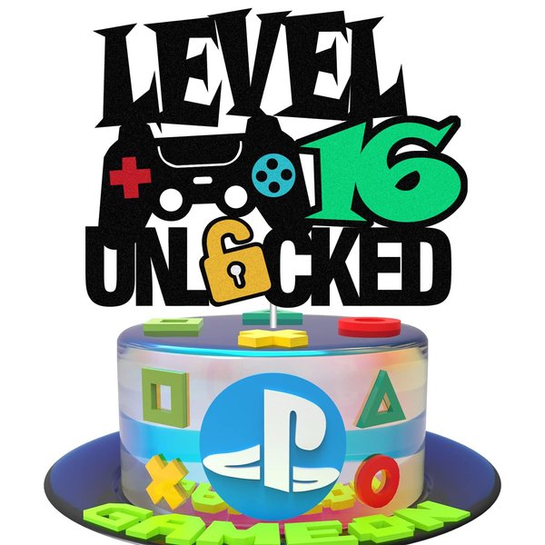 Level 16th Unlocked Sign Cake Topper Happy 16th Birthday Level Up Tenth Cake Decorations for Video Game Controller Themed Kids Boy Girl Bday Party Supplies Double Sided (16th)