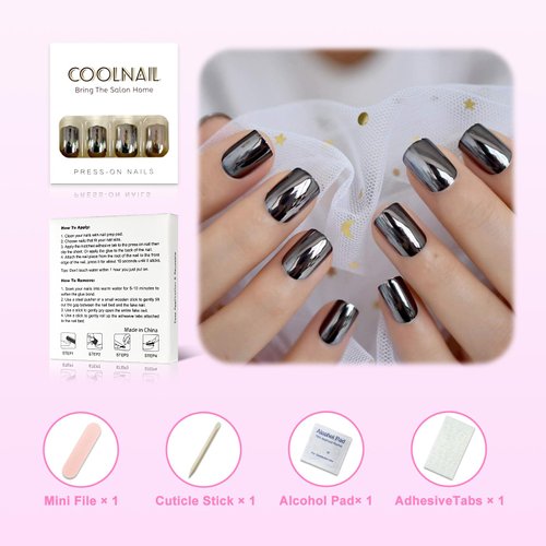 Coolnail Dark Smoky Gray Reflective Mirror Metal Plating False French Acrylic Nail Tips Punk Metallic Square Fake Nails With Glue Sticker