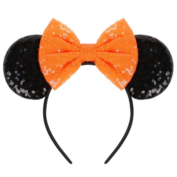 WOVOWOVO Halloween Mouse Ears Headbands for Women Girls Orange Bow Mouse ear Headband Sequin Hairbands Party Princess Cosplay Costume Hair Accessories