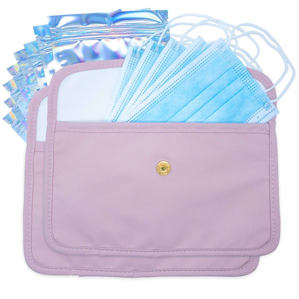 VOCUSONU Mouth Cover Storage Bags 9”x5.3”, (2 Pcs), Portable Mouth Cover Storage Case, Handmade Mouth Cover Pouch Keep Clean Container for Home, Travel, with 8 Holographic Ziplock Bags 7”x4.7” (Pink)