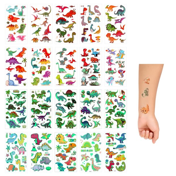 SAVITA 20 Sheets Kids Temporary Tattoos, Luminous Dinosaur Tattoo Stickers Waterproof Cartoon Fake Tattoos for Kids Toddlers Boys Dinosaur Birthday Party Favors Supplies