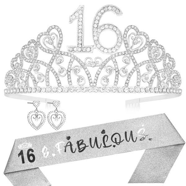Sweet 16th Birthday Gifts for Girls,16th Birthday Tiara and Sash,Birthday Gift for 16 Year Old Girls,16 and Fabulous Sash,16th Birthday Crown,16th Birthday Party Favors,16th Birthday Decorations