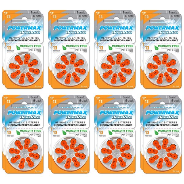 Powermax Size 13 Hearing Aid Batteries, Orange Tab, 128 Count