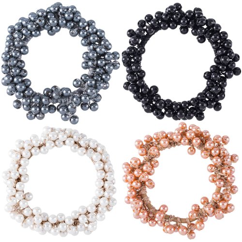 HINZIC 4PCS Pearl Hair Scrunchies Elastic Bead Hair Tie Ropes Stretchy Band Ponytail Holders Wedding Prom Bachelorette Party Hair Accessories for Women Girls
