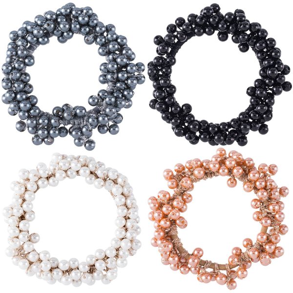 HINZIC 4PCS Pearl Hair Scrunchies Elastic Bead Hair Tie Ropes Stretchy Band Ponytail Holders Wedding Prom Bachelorette Party Hair Accessories for Women Girls