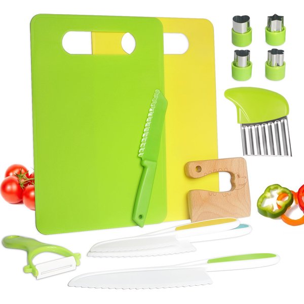 13 Pieces Montessori Kitchen Tools for Toddlers-Kids Cooking Sets Real-Toddler Safe Knives Set for Real Cooking with Plastic Toddler Safe Knives Crinkle Cutter Kids Cutting Board