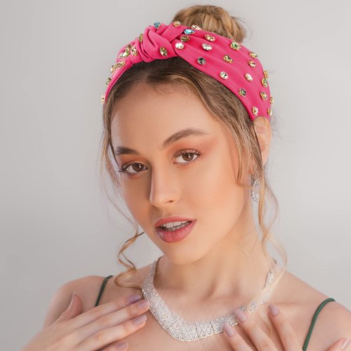 YISSION 1PC Crystal Knotted Headband for Women Non Slip Rhinestone Headband Hot Pink Head Band Fashion Wide Headbands Hair Accessories for Women Girls