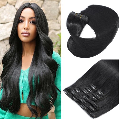 Clip in Hair Extensions Real Human Hair 22 Inch Jet Black Hair Extensions Clip in Real Human Hair 120g Clip in Hair Extensions for Black Women (22Inch, 120g,#1)