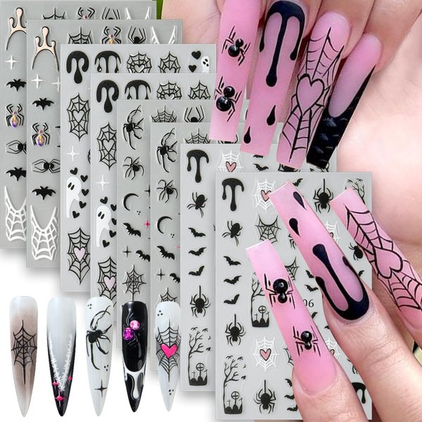 8 Sheets Halloween Ghost Nail Art Stickers Self-Adhesive Halloween Nail Decals Scary Spider Bat Heart Spider Web Nail Stickers for Nail Art Bat Moon Halloween Nail Decorations for Women Manicure Art