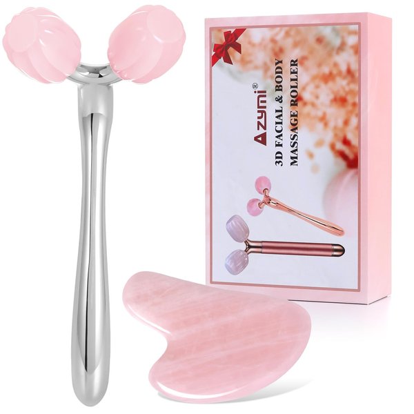 3D Jade Roller & Gua Sha Set, Natural Rose Quartz Face Roller Guasha Tools for Facial Jawline Scraping/Skin Firming & Reduce Wrinkle& Puffy Eyes/Relieve Body Tension
