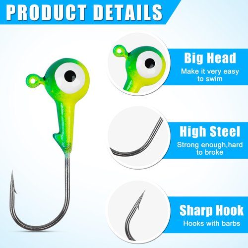 Fishing Jig Head Hooks Round Ball Head Fishing Jigs Hook Bass Lures Crappie Jig Heads for Trout Walleye Freshwater Saltwater Surf Fishing Jigs 1/8oz