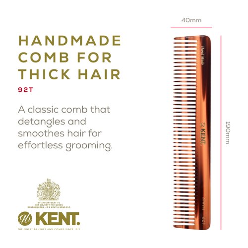 Kent 92T Wide Tooth Comb Detangler Comb for Curly Hair - Detangling Hair Comb for All Hair Types, Mens Hair Comb, and Wet Comb Hair Comb for Women - Kent Comb Hair Styling and Detangling Comb