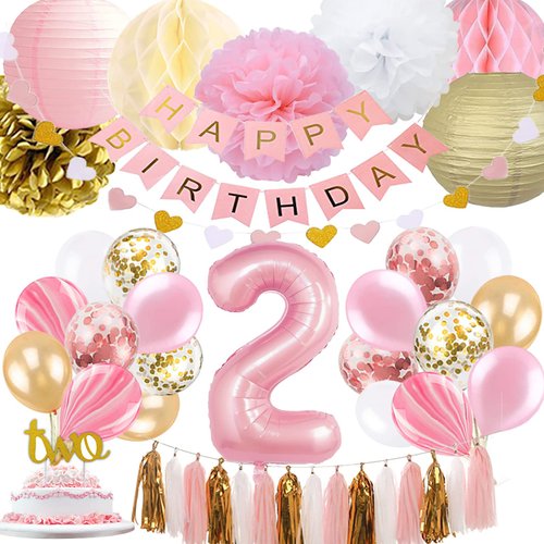 2nd Birthday Girl Decoration, Girls Two Birthday Decoration with Happy Birthday Banner, Number 2 Balloons for Pink and Gold Party Supplies Decoration 2nd Birthday