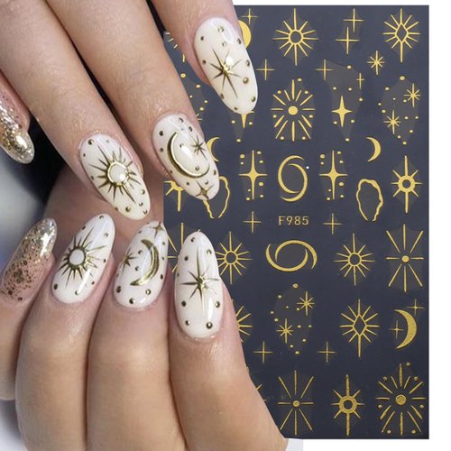 8 Sheets Gold Nail Sticker 3D Self-Adhesive Nail Decals Art Unique Moon Sun Stars White Cloud Snake Design Nail Art Sticker Decoration for Women Manicure Tips Acrylic Nails DIY Nails Art Supplies