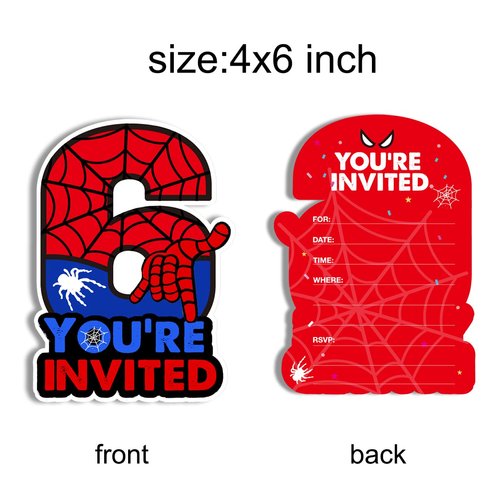 Superhero 6th Birthday Party Invitations with Envelopes 6 Year Old Birthday Six Shaped Invites Card Boy Party Favors Decorations Supply, 20 Count