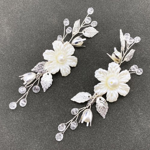 PRETTYLIFE Pearls Flower Hair Clips 2pcs Bridal White Floral Silver Leaf Vine Hair Pieces Accessories for Wedding Women