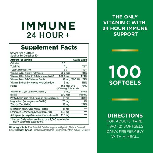Nature's Bounty Vitamin C 24 Hour Immune Support with Zinc and Vitamin D, Daily Immune and Upper Respiratory Support, Ester Vitamin C 1000mg Capsules (Softgels), 100 Count