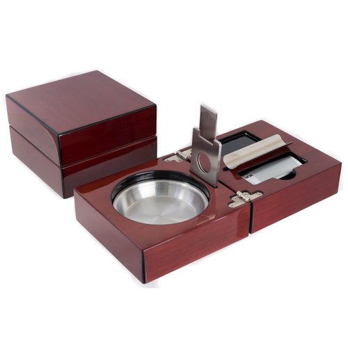 Mantello Cigar Ashtray Gift Set - High-Gloss Cherry Finish Wooden Travel Case - Stainless Steel Holder, Jet Torch Lighter, and Guillotine Cutter for Up to 54 Ring Gauge Cigars - Perfect for Travel