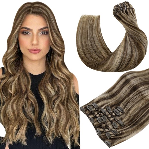Hetto Clip in Hair Extensions Real Human Hair Seamless Clip ins Human Hair Extensions #4/27 Brown Highlight Honey Blonde Hair Extensions Clip in Real Remy Hair 7pcs 80g