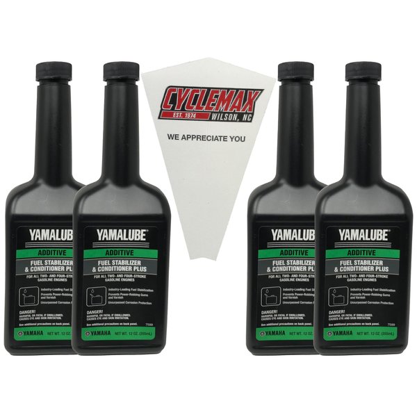 CYCLEMAX Four Pack for Yamaha Yamalube Fuel Stabilizer & Conditioner Plus ACC-FSTAB-PL-12 Contains Four 12oz Bottles and a Funnel