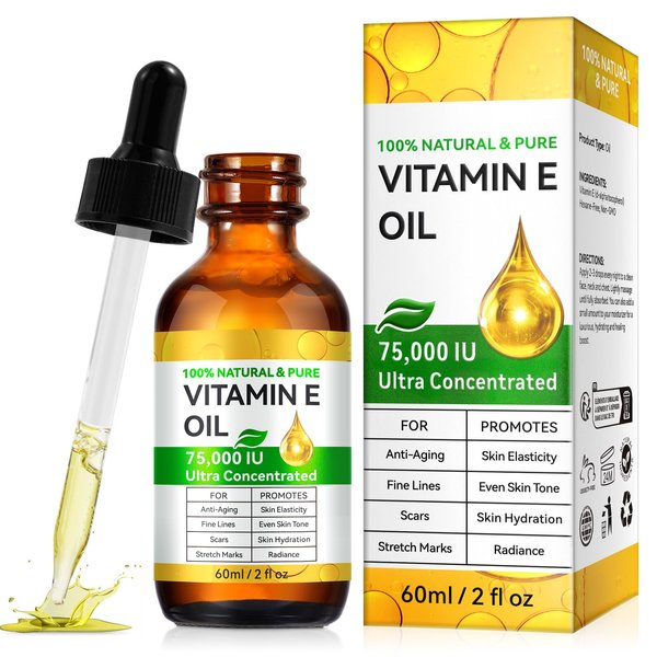Vitamin E Oil for Skin 75,000 IU, 2Fl Oz Pure Vitamin e Oil for Scars, Hair, Face and Scalp, Moisturizing Dry Skin, Reduces Winkles and Fine Lines, Perfect Bath and Body Oils