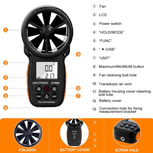 Pro HVAC Anemometer, AP-866A CFM Meter with USB Connect to PC, Air Flow Meter Measure Wind Temperature/Speed Wind chill with MAX/MIN/AVG, Backlight LCD Display for Sailing, HVAC with USB Sync to PC