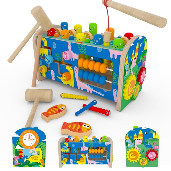 SILERUR 8 in 1 Wooden Montessori Toys for 1 2 3 4 Year Old Boys Girls Whack a Mole Game Hammering and Pounding Toys with Xylophone Fishing Game Toddlers Educational Developmental Learning Toys Gifts