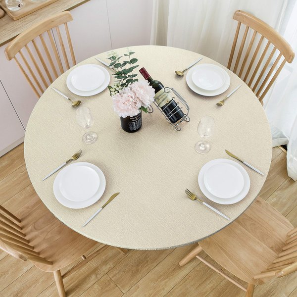 NLMUVW Round Fitted Vinyl Tablecloth with Elastic Edge 100% Waterproof Oil Proof PVC Table Cloth Wipe Clean Table Cover for Indoor and Outdoor, Champagne, 40"- 44"