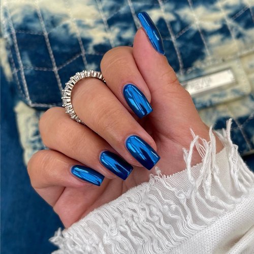 Royal Blue Chrome Square Press on Nails Short Medium,KQueenest Mirror Metal Plating False Acrylic Nails Press Ons,Metallic Fake Nails Natural Glue on Nails Medium Length Gloss Stick on Nails for Women