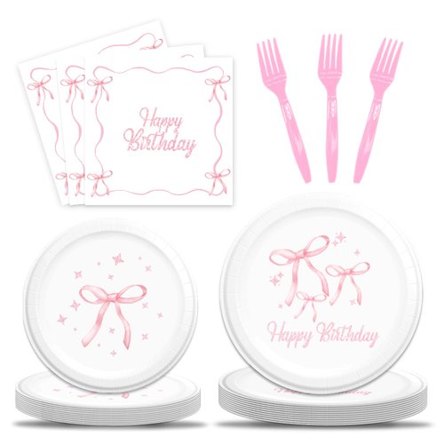 NUTTYBASH Pink Bow Birthday Party Supplies, 96Pcs Conquette Birthday Decorations Includes Pink Bow Napinks Plates Forks Pink Bow Theme Tableware Birthday Party Supplies Bow Girls Birthday Party Decor