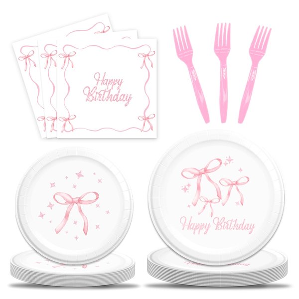 NUTTYBASH Pink Bow Birthday Party Supplies, 96Pcs Conquette Birthday Decorations Includes Pink Bow Napinks Plates Forks Pink Bow Theme Tableware Birthday Party Supplies Bow Girls Birthday Party Decor