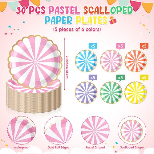Mimorou 150 Pcs Pastel Scalloped Party Supplies 7in Gold Foil Scalloped Paper Plates 9oz Cups Colorful Disposable Tableware Striped Pastel Rainbow Dinnerware Set for Baby Shower Birthday Wedding