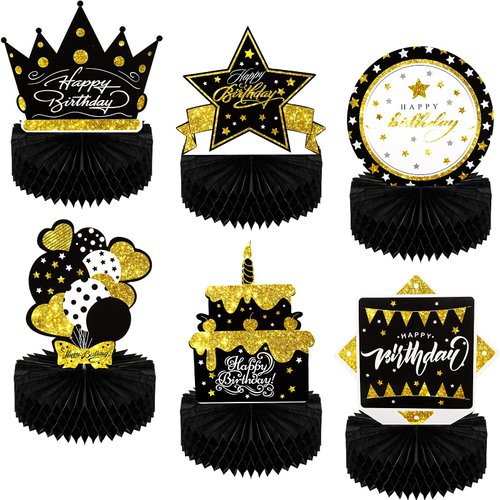 6 Pieces Black Gold Birthday Centerpieces for Tables Decorations Honeycomb Table Topper Happy Birthday Decorations for Men and Woman Birthday Party Supplies