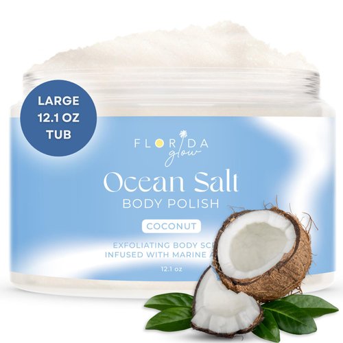Sea Salt Body Scrub by Florida Suncare - Ocean Salt Body Polish Infused with Marine Algae - Exfoliating Face and Body Scrub - Facial Scrub Exfoliator to Tackle Acne and Scars (Coconut, 12.1 oz)