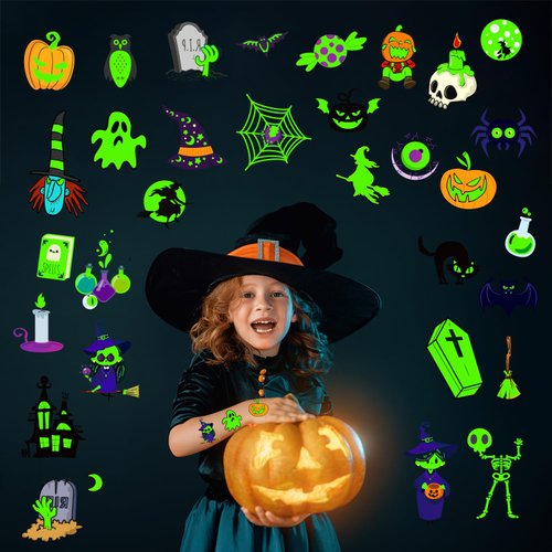 JCFIRE 90+ Styles Halloween Temporary Tattoos for Kids Halloween Party Favors, Glow in Dark Tattoos Bulk Halloween Birthday Party Decorations Supplies Goodie Bags Fillers Activities Games Accessories