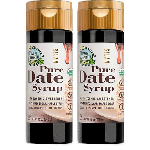 Heaven & Earth 100% Pure Organic Date Syrup, Silan, 12oz (2 Pack) | All Natural Honey or Maple Syrup Alternative | Low Glycemic Index | Great Sugar Replacement