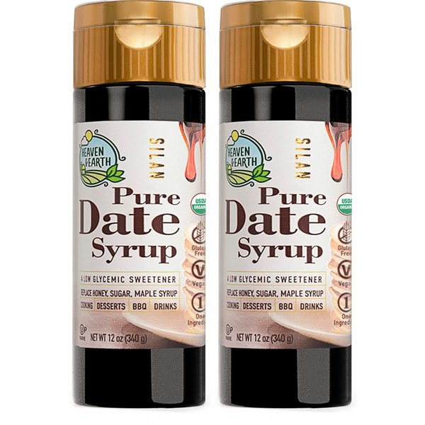Heaven & Earth 100% Pure Organic Date Syrup, Silan, 12oz (2 Pack) | All Natural Honey or Maple Syrup Alternative | Low Glycemic Index | Great Sugar Replacement