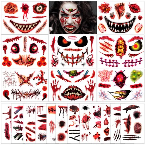 HOWAF 20 Sheets Halloween Temporary Tattoos Prank Face Tattoos, 120+PCS Halloween Horror Clown Face Body Fake Tattoos Sticker for Halloween Makeup Scar Cosplay Party Decoration
