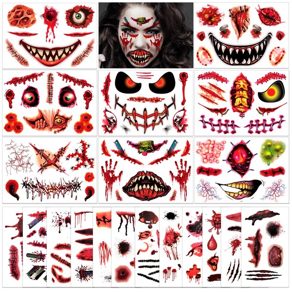 HOWAF 20 Sheets Halloween Temporary Tattoos Prank Face Tattoos, 120+PCS Halloween Horror Clown Face Body Fake Tattoos Sticker for Halloween Makeup Scar Cosplay Party Decoration