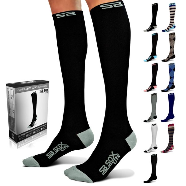 SB SOX Lite Compression Socks (15-20mmHg) for Men & Women – Best Socks for All Day Wear! (Black/Gray, L/XL)