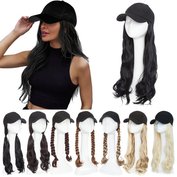 SEGO Baseball Cap with Hair Extensions for Women Adjustable Hat with Hair Attached Synthetic Long Wavy Wig with Black Hat Stylable for Pigtail Ponytail 16 Inch -Black 290g