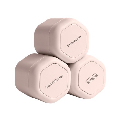 Cadence Travel Containers - Haircare Set - Magnetic Travel Capsules - For Shampoo, Conditioner, Hair Styling Product - 3 Flex Mediums (1.32oz) with Shampoo, Conditioner & Comb Icon Labels - Petal