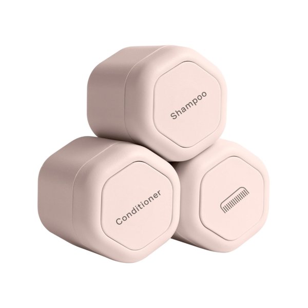 Cadence Travel Containers - Haircare Set - Magnetic Travel Capsules - For Shampoo, Conditioner, Hair Styling Product - 3 Flex Mediums (1.32oz) with Shampoo, Conditioner & Comb Icon Labels - Petal
