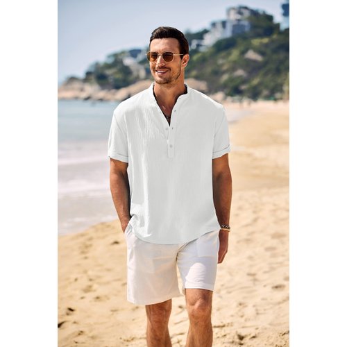 COOFANDY Men Summer Henley Shirts Button Vacation Shirt Collarless Casual Shirt White
