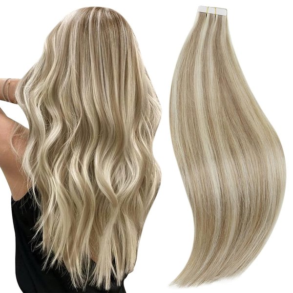 RUNATURE Tape in Hair Extensions Human Hair 14 Inch Invisible Tape in Extensions Real Human Hair Ash Brown with Platinum Blonde Human Hair Tape in Extensions Thick Glue in Hair Extensions 50g 20pcs