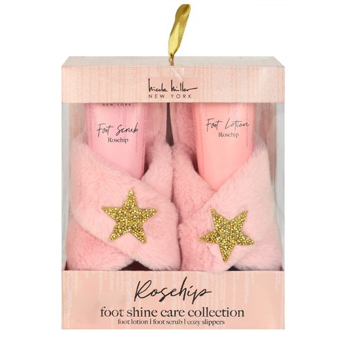 Nicole Miller Bath and Body Set with Slippers, Foot Scrub, and Lotion (Rosehip)