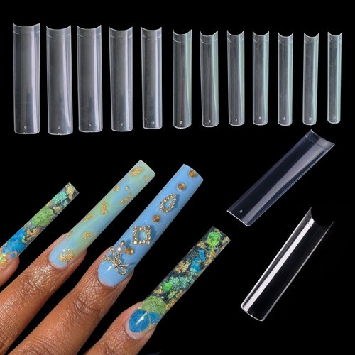 AddFavor 600pcs XXXL Clear Nail Tips Extra Long 3XL Half Cover Straight Square Fake Nails No C Curve Professional Acrylic False Nail Tips for Salons & Home DIY, 12 Sizes