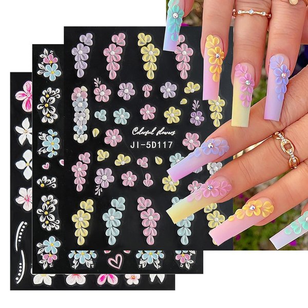 Flower Nail Art Stickers Luxury 5D Embossed Nail Decals Colorful Five Petal Flowers Nail Design Pink White Flower Nail Stickers Designer Nail Art Supplies Manicure Tip Accessories for Women, 3Sheets