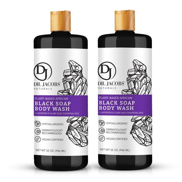 Dr Jacobs Naturals Authentic African Black Liquid Soap with Lavender & Sage Scent All-In-One Face Wash, Sensitive Skin Body Wash, Shampoo, Shaving Soap | Moisturizing and Nourishing Formula 32oz 2pk